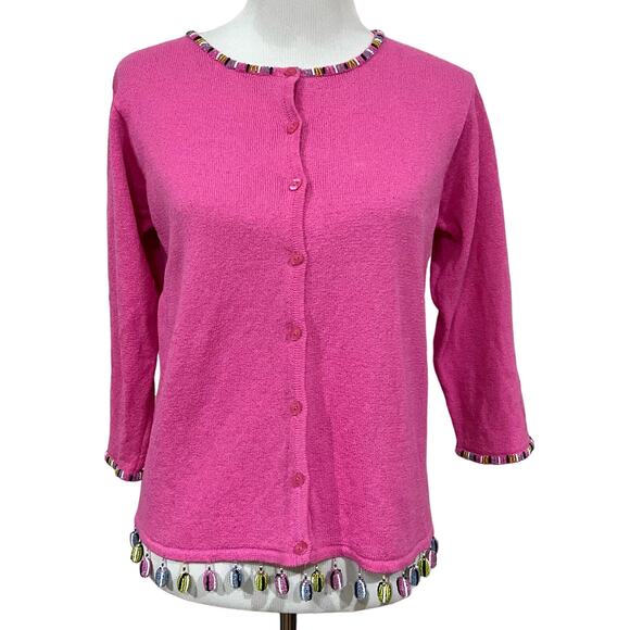 Design Options Philip Jane Gordon Bright Pink Beaded Fringe Cardigan Women’s M - Picture 1 of 10